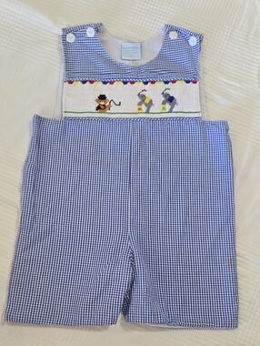 Remember Nguyen Smocked Blue Gingham Kids Shortall  Circus Elephant Theme Sz4